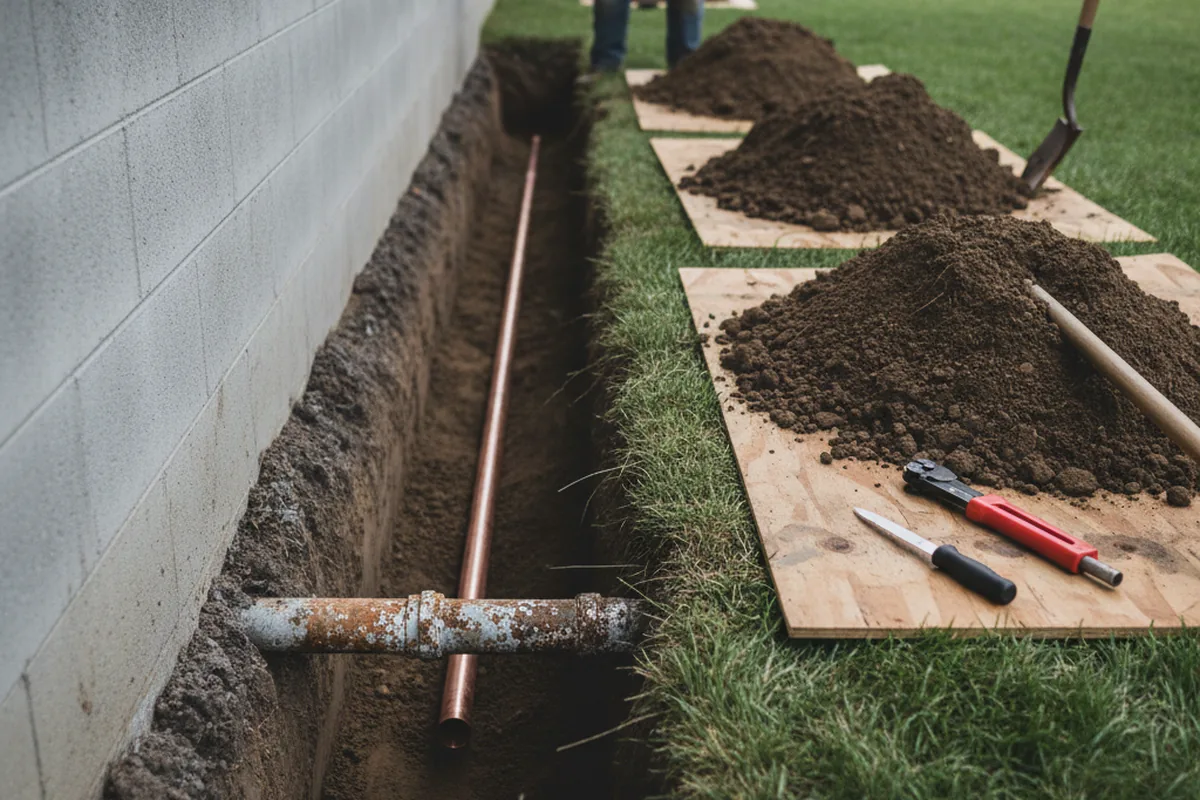 Excavated water line trench during Water Softener Installation in Owyhee